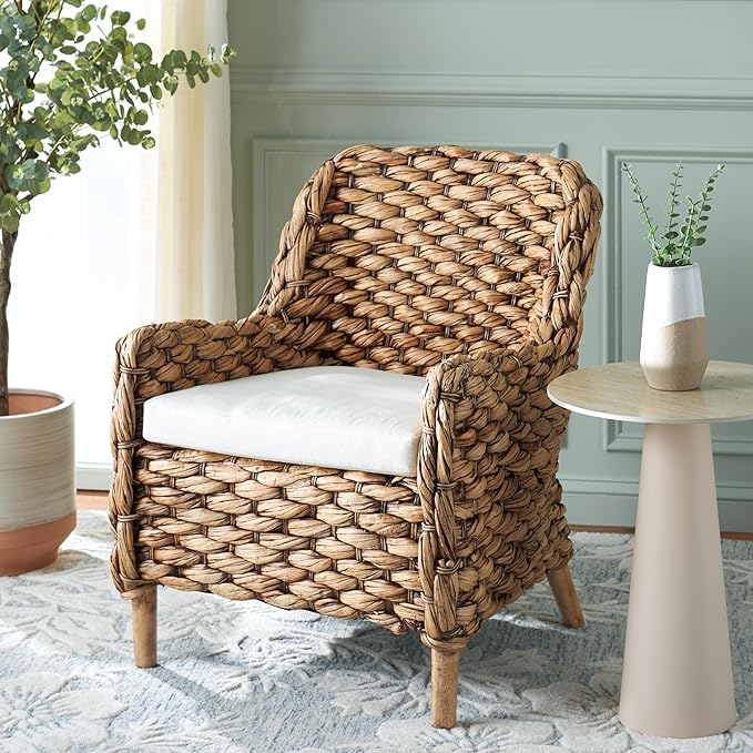 SAFAVIEH Home Collection Purrl Tropical Coastal Brown Wash Solid Wood Hyacinth Accent Chair with Cushion (Fully Assembled)