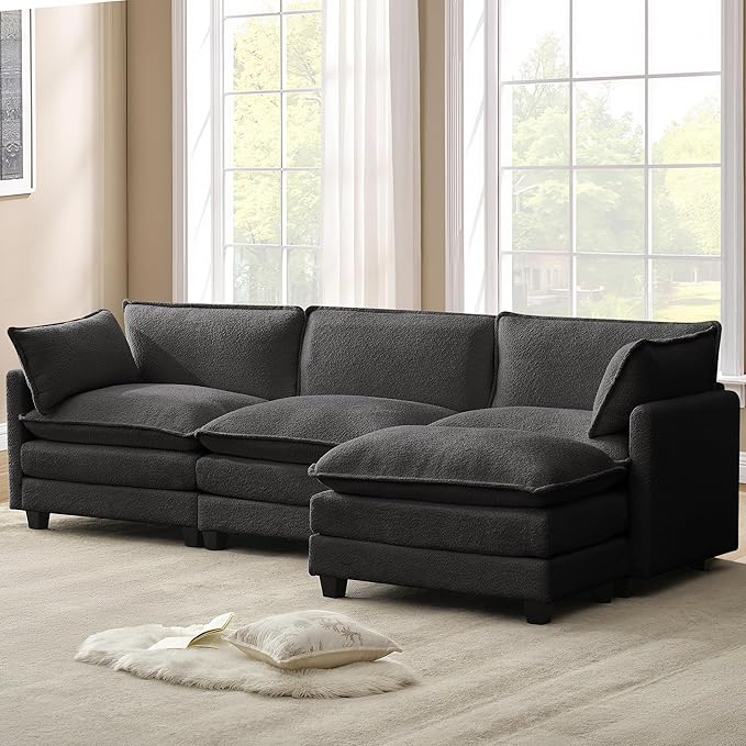 ROWHY 112'' Modular Sectional Cloud Couch with Movable Ottoman 4 Seat Modern Chenille Sofa with 2 Throw Pillows Deep Seat L Shaped Couch for Living Room Bedroom Apartment Dark Grey | Arrange Freedo