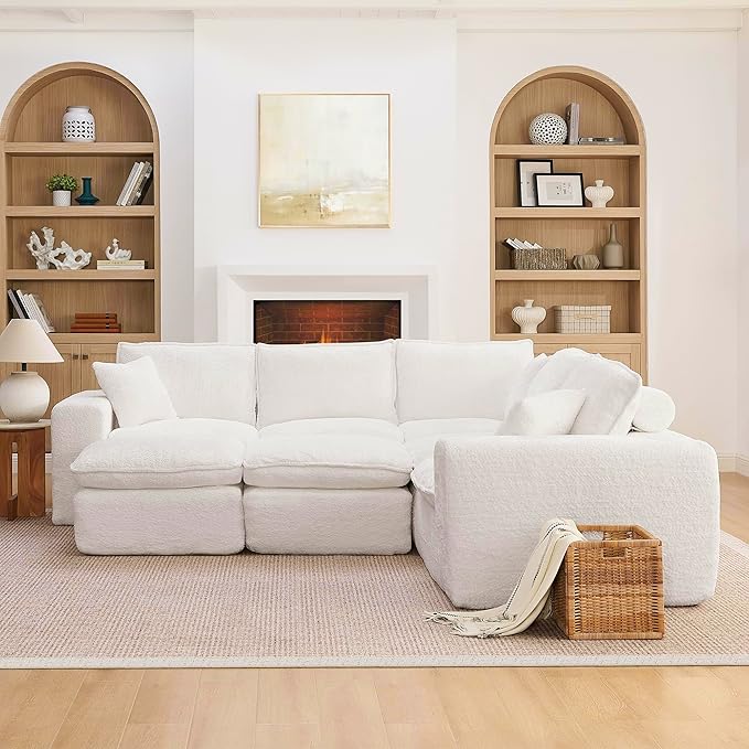 L-Shaped Boneless Modular Sectional Cloud Couches 7 Seat Modular Boucle Floor Foam Boneless Sofa Couch with Ottomans Headrest Pillows and Removable Cushions