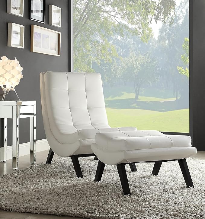 Pemberly Row Faux Leather Lounge Chair and Ottoman Set White PU Upholstery Solid Wood Legs Grid-Tufted Cushions Mid-Century Modern Style for Living Room or Home Seating
