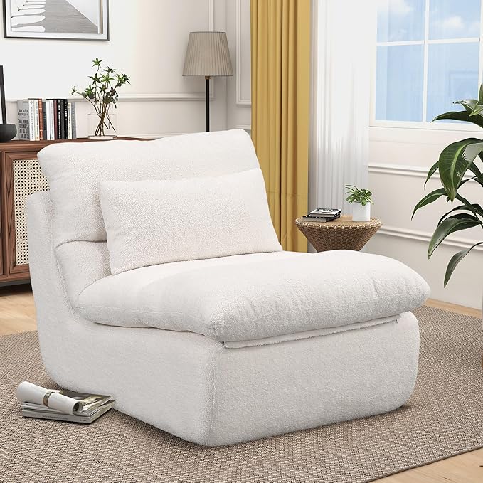 FHFO Sponge Single Sofa 32 Boneless Sofa for Small Spaces Comfy Sofas with Removable Cover Teddy Compression Sofa with Pillows for Living Room Bedroom Apartmen-Beige