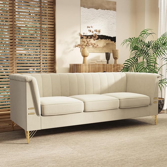 84'' L Modern 3 Seater Beige Velvet Sofa Couches with Metal Gold Legs for Living Room Mid Century Classic Tufted Chesterfield Sofa for Apartment