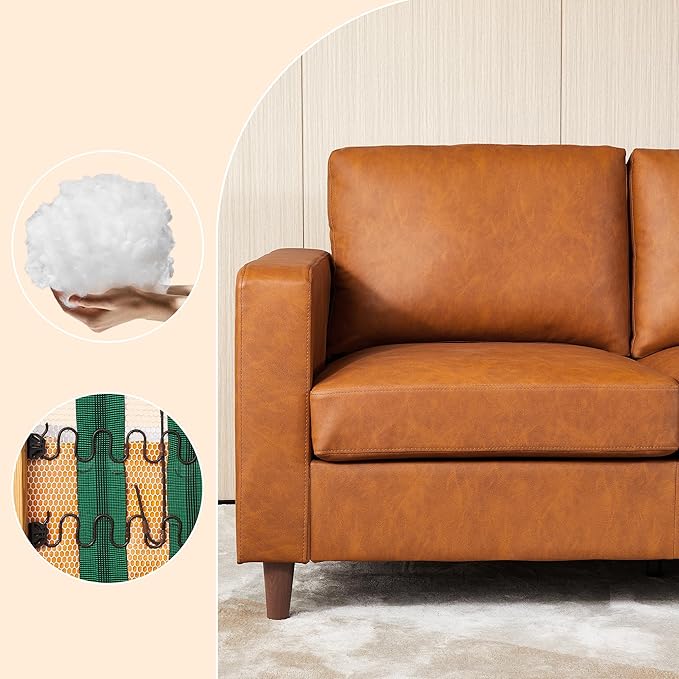 Garvee Brown Leather Sofa 83 in Mid-Century Modern Couch 3-Seater Sofa with Armrests and Comfy Cushions Pu Deep Seat Sofas for Living Room Bedroom Office