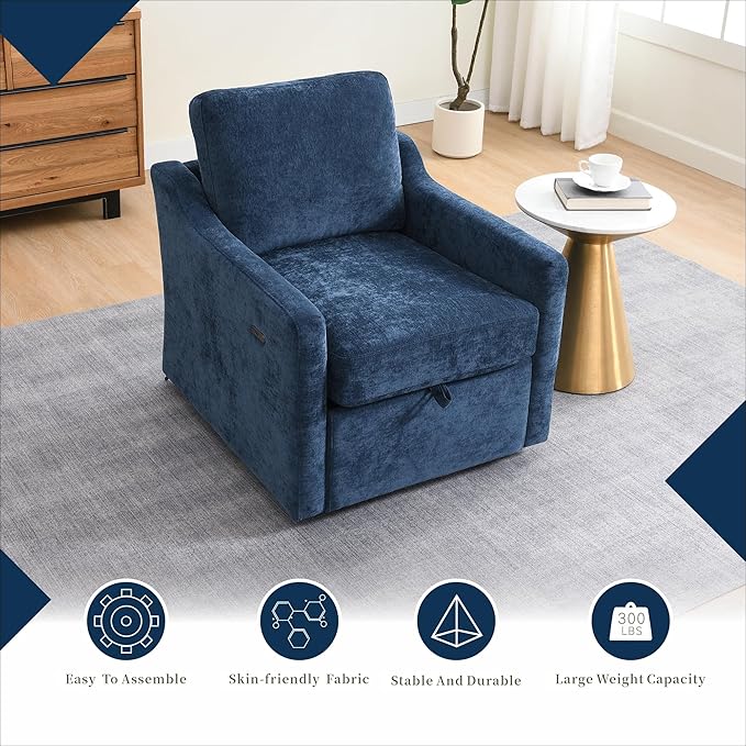 Swivel Accent Chair 360° Swivel Comfy Upholstered Seat for Living Room Bedroom Office with Hidden Storage &amp Dual USB-C Ports Chenille Fabric 300lbs Capacity Navy Blue