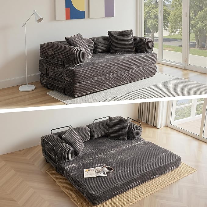 4-in-1 Folding Convertible Sleeper Sofa Bed81 Plush Corduroy Boneless Couch Pull Out BedsLoveseat Floor Futon for Small Spaces Living Room Bedroom ApartmentGrey