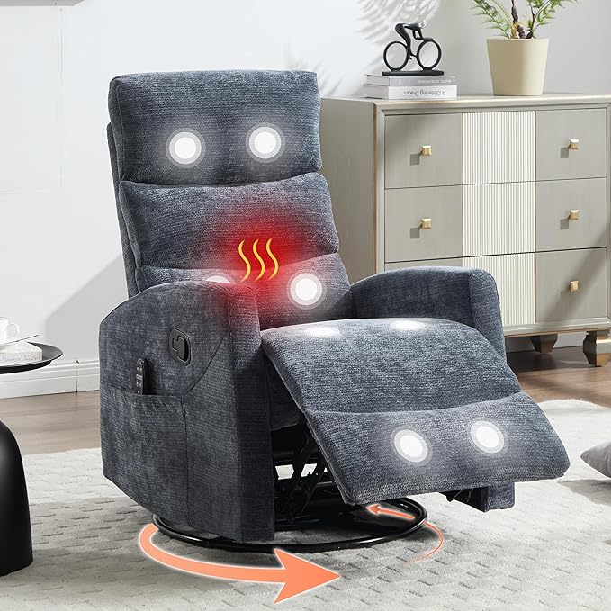 Luxlen Manual Swivel Rocker Recliner Chair with Massage Overstuffed Recliner Glider with Vibration Massage and Heat for Nursery Living Room Reclining Sofa Chair Fabric Blue