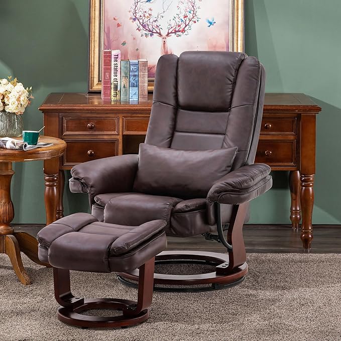 MCombo Swivel Recliner with Ottoman Chair TV Chair Sets with Vibration Massage for Small Space Living Room Bedroom 9096 9099 (Faux Leather Dark Brown)