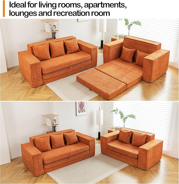 HOMREST 76 Convertible Memory Foam 3-seat Sofa Pull Out Sleeper Sofa Bed 2 in 1 Folding Couch Bed Fold Out Floor Couch Corduroy Fabric with 3 Pillows for Living Room Bedroom Lounge (Brown)