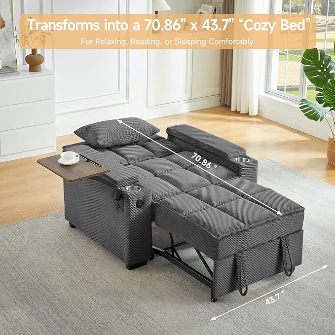 Large Size Convertible Sleeper Chair Futon Sofa Bed Comfortable thick cushion Single Sleeper Sofa Handheld storage and Adjustable Backrest | Reading Chair with Rotating small table (dark gray)