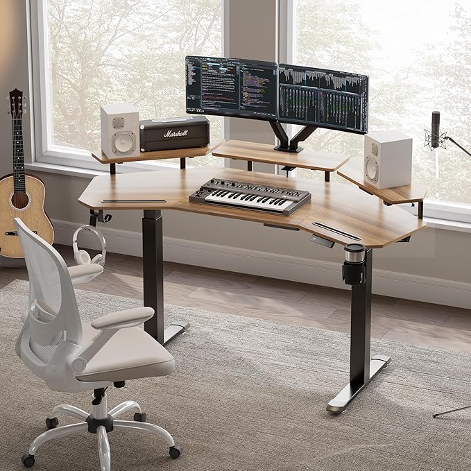 EUREKA ERGONOMIC Standing Gaming Desk with Dual Motor63 Wing Shaped Computer Desk w Mouse Pad Electric Adjustable Height Table w LED Monitor StandsSlot DesignWalnut