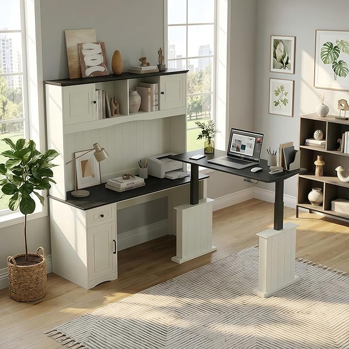 FEZIBO 60 L Shaped Executive Standing Desk with Hutch and Storage Cabinet Farmhouse Standing Desk with Charging Station Reversible Home Office Workstation Antique White