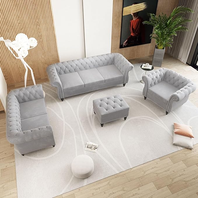 Chesterfield 3 Seater Sofa Sofa Couch with Rolled Arms Tufting Nailhead Trim Large Couch for Living RoomBedroom Office Apartment (Velvet Grey)