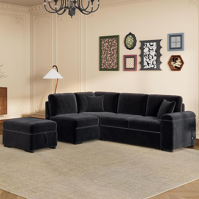 Flieks L-Shape Sleeper Sectional Sofa Bed with Storage Ottoman &amp Hidden Arm Storage 85Inch Sectional Corner Couch Sofa-Bed for Living Room Apartment