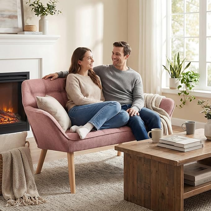 48”Small Loveseat Sofa Modern Linen Upholstered Mini Couch 2-Seater Fluffy Love Seat with Quilting Backs and Wood Legs for Small Space Living Room Bedroom Pink