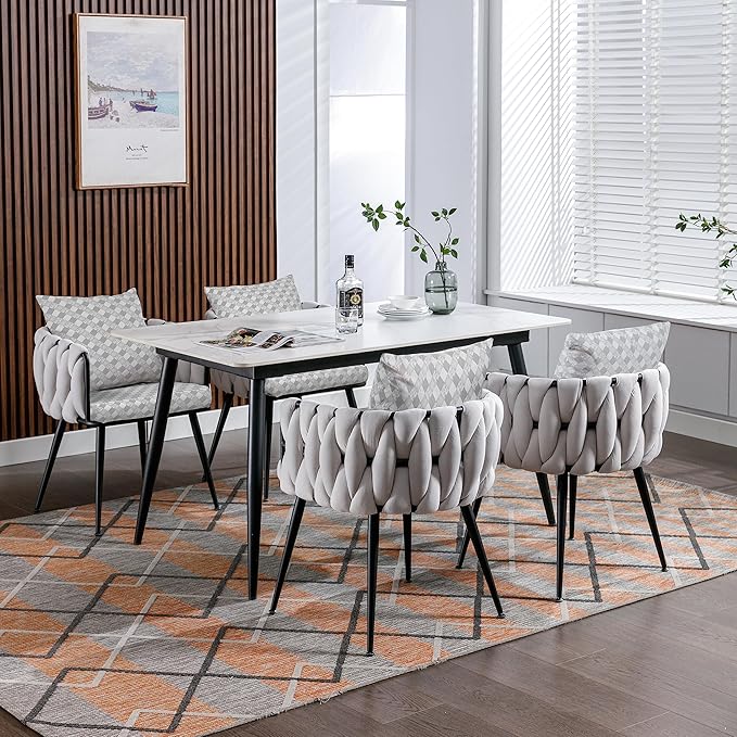 Beige Modern Velvet Dining Chairs Set of 2 Hand Weaving Accent Chairs Living Room Chairs Upholstered Side Chair with Black Metal Legs for Dining Room Kitchen Vanity Living Room