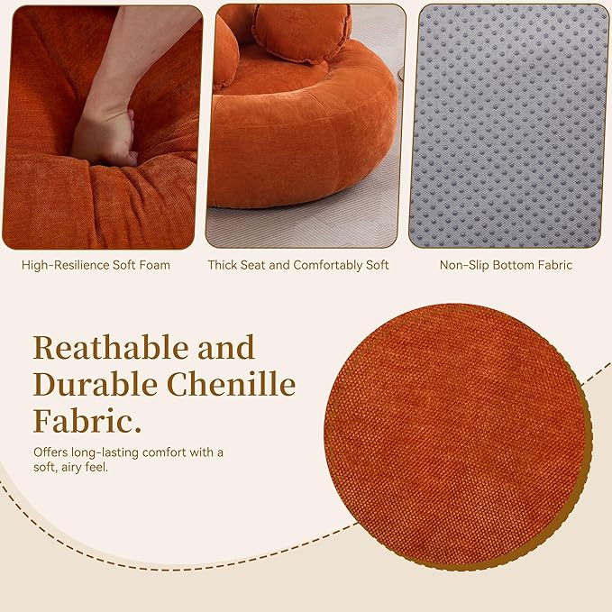 Round Oversized Chair Floor Sofa Chair Chenille Compressed Circle Chaise Lounge No Assembly Boneless Barrel Chair Lazy Bean Bag Couch Accent Chair for Living Room Bedroom DormOrange
