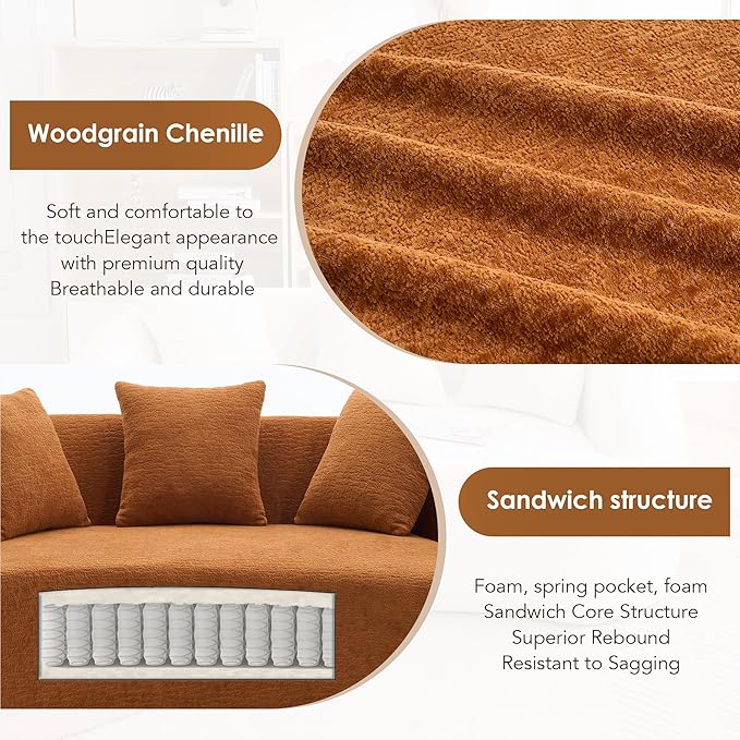 65” Beige Curved Couch&amp Loveseat Sofa with 3 Pillows Compression Couch with Round Armrest Suitable for Small Space Bedroom Living Room Memory Foam Chenille No Assembly (Upgraded Orange)