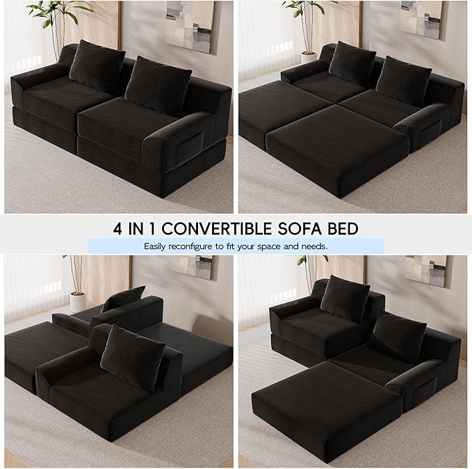 79 Convertible Sofa Bed Upholstered Boneless Couch Loveseat Sleeper with Pull Out Bed Corduroy Futon Couch Floor Folding Sofa Modular Futon Couch for Living Room Bedroom Lounge Black