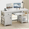 58 Executive Desk with Foldable Keyboard Tray and Charging Station Farmhouse Wood Home Office Desk with Drawers and Magazine Rack Large Writing Computer Desk for Home Office and Study White