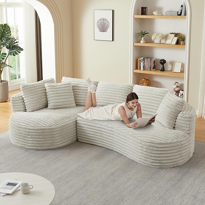 KEIKI 120 Oversized Curved Cloud Couch Modern Sectional Sofa for Apartments and Lofts Deep Corduroy Seating with Chaise Compression Foam Design No Assembly Required