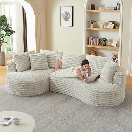 120.9 Curved L-Shape Sectional Sofa with Left Chaise Cloud-Like Corduroy Couch with Pocket Springs No Assembly Required Compressed in Box for Living Room &amp Apartment Cream