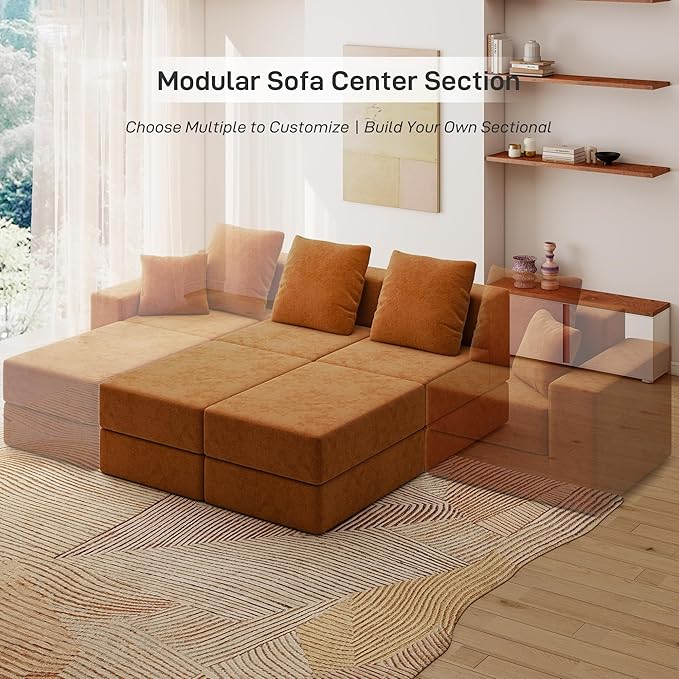 Living&ampGiving Cloud Sectional Couch for Living Room Modular Boneless Couch with 1 Ottoman Middle-seat Can Be Combined with Modular Sofa Customizable Layout for Any Space Orange
