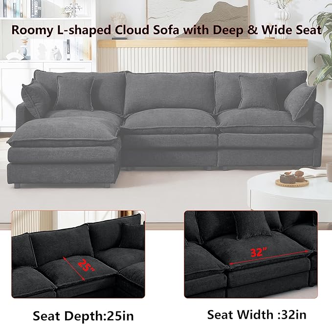 102 L-Shaped Sofa for Living RoomModular Sectional Cloud Sofa Couch with OttomanModern Chenille 3 Seater Sofas with Deep SeatSmall L Shaped Couches for Bedroom (Black 102)