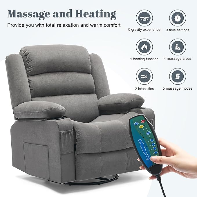 Oversized Recliner Chair with Heat and Massage 360° Swivel Chairs for Adults Nursery Rocking Recliner Single Sofa Seat with Cup Holders Lazy Boy Recliner Single Sofa (Oversized Manual Grey)
