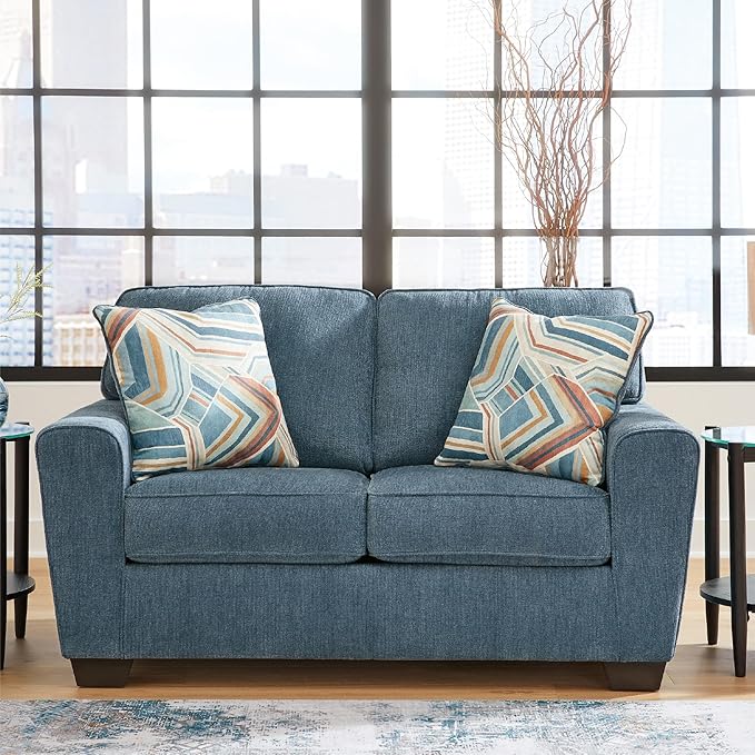 Signature Design by Ashley Cashton Contemporary Loveseat Exposed Feed With Faux Wood Finish Accent Pillows Fabric Upholstery 63 W x 38 D x 39 H Blue