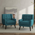 Accent Chairs Set of 2 Mid-Century Modern Upholstered Armchair Comfy Fabric Living Room Chairs Reading Chairs with Button Tufted Back &amp Solid Wood Legs for Bedroom Office Light Blue