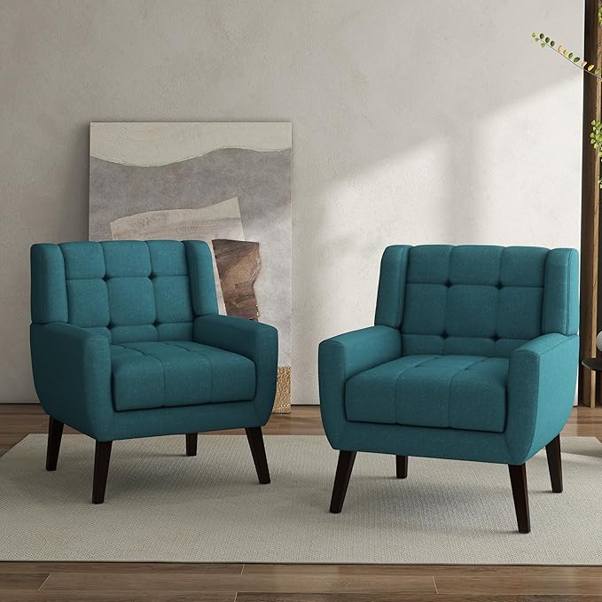 Accent Chairs Set of 2 Mid-Century Modern Upholstered Armchair Comfy Fabric Living Room Chairs Reading Chairs with Button Tufted Back &amp Solid Wood Legs for Bedroom Office Light Blue