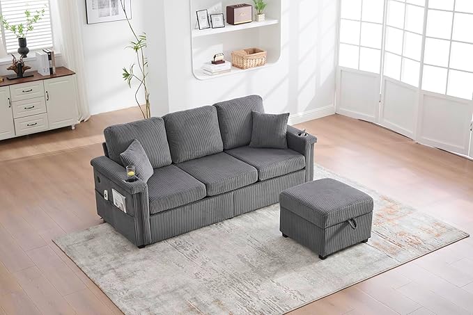 76.8 L-Shaped Sleeper Sofa with Storage Ottoman USB Ports Cup Holders&ampLED Lights Side Pockets Comfy Corduroy Modern 3-Seater Small Couch Bed for Living Room with 2 Throw Pillows (Dark Grey)