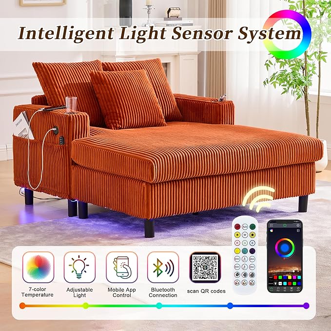 KEIKI 50 W Corduroy Oversized Recliner Single Sofa Couch with Deep Seat3 PillowsUSB ChargingCup Holder and Side Pocket Design