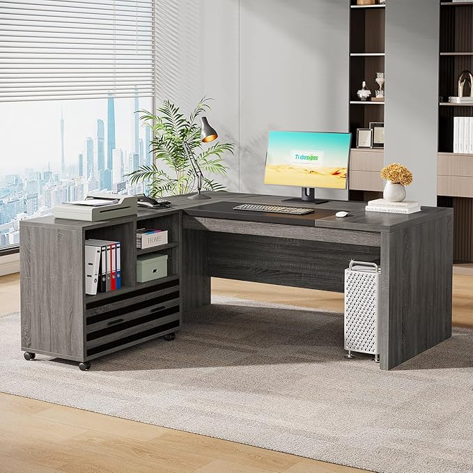 Tribesigns 62.2 Executive Desk with Mobile File Cabinet L-Shaped Office Desk with Storage Shelves Large Computer Table Business Workstation Set for Home Office Grey