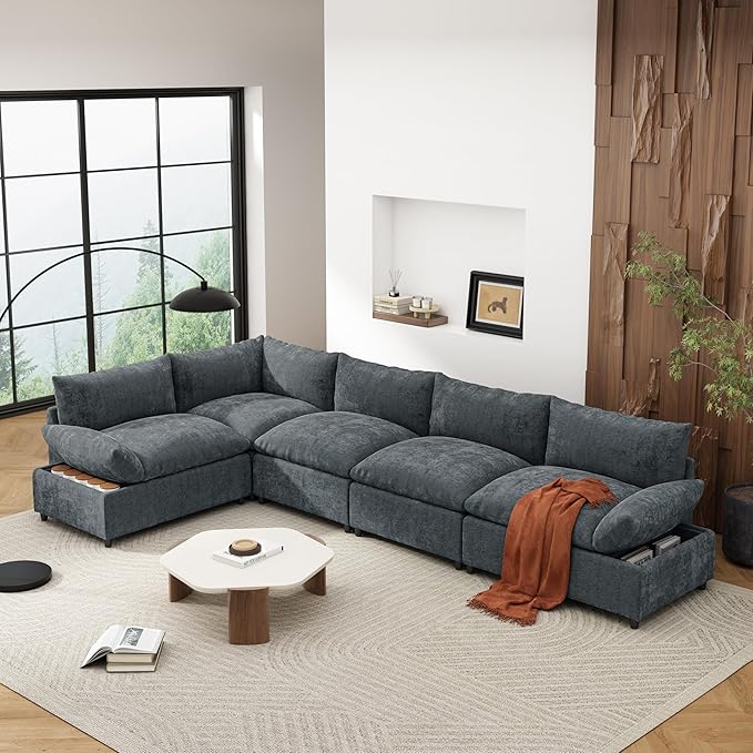 Merax 115.5 Modular Sectional Sofa Upholstery 5 Seat Versatile Couch Set L Shaped Indoor Furniture with Plush Cushions Hidden Storage Compartments for Living Room Lounge or Office Dark Gray
