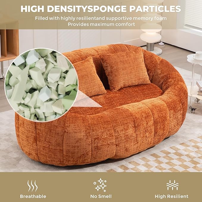 GDFStudio Colomt Lounge Chair Upholstered Lazy Sofa Chair 2 Seater Couch Comfort Chenille Loveseat Ready to Use Bean Bag Chair Soft Seating Lounge Reading Sofa for Living Room Bedroom Organge