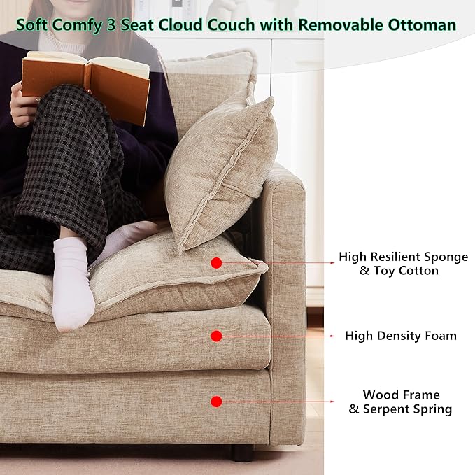 102 L-Shaped Sofa for Living RoomModular Sectional Cloud Sofa Couch with OttomanModern Chenille 3 Seater Sofas with Deep SeatSmall L Shaped Couches for Bedroom (Light Coffee 102)