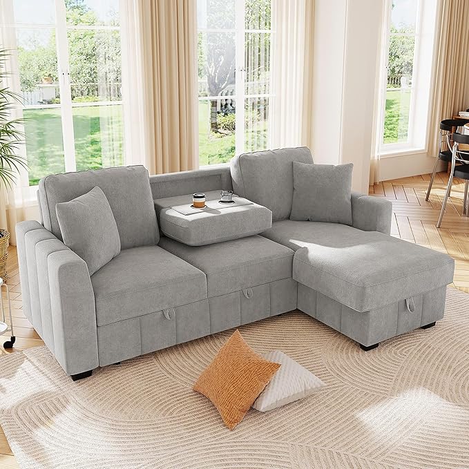 90 L-Shaped Sectional Sleeper Sofa with Reversible Storage Chaise Warp-Knitted Fabric Upholstered Modular Couch with Drop-Down Center Back Cushion with Dual Cup Holders for Living Room (Grey-10)