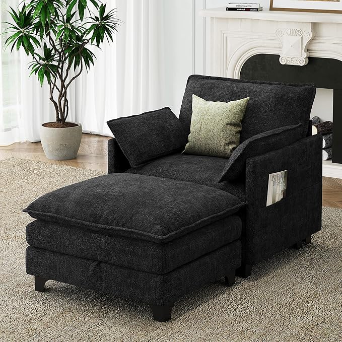 Accent Sofa Chair with Storage Ottoman Cloud Sigle Couch with Side Pocket for Living Room Bedroom and Apartment Dark Grey