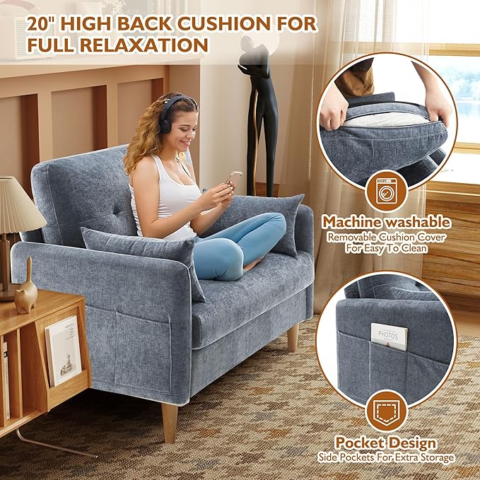 47 Small Sofa Couch for Bedroom Soft Chenille loveseat Mini Couch with Throw Pillow and Removable Cushion Cover for Small Spaces Living Room Apartment Dorm Office(Blue Grey)