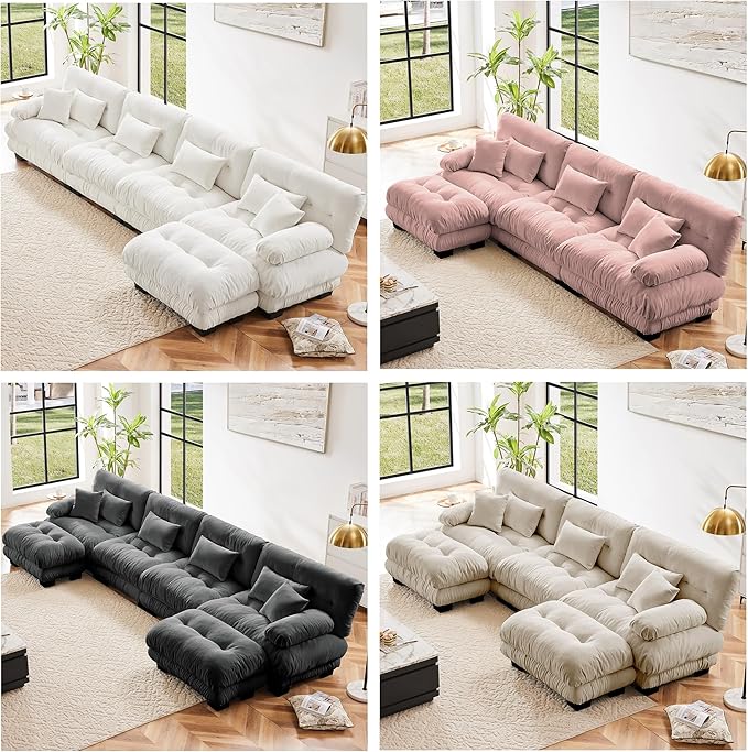 Oversized Modular Velvet Sectional Cloud Sofa Couch with Movable OttomanCorner Sofa with Comfortable Armrests Deep Seat Convertible L or U Shaped Couch (Light Coffee 4 Seat + 1 Ottoman)