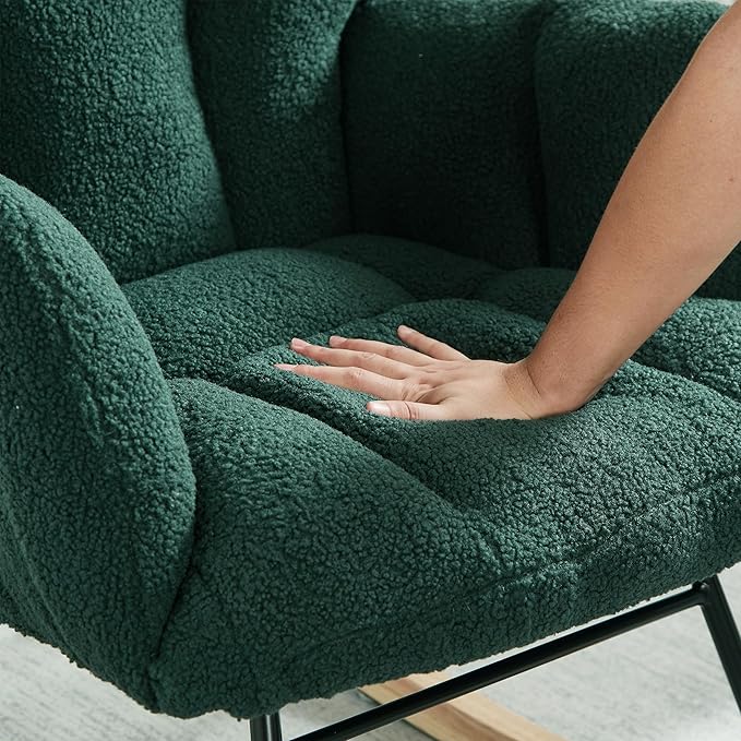 Setawix Upholstered Rocking Chair with Arms for NurseryTufted Rocker Glider ChairsTeddy Fabric Rocking ArmchairMid Century Modern Accent Chairs for Living RoomBedroom (Teddy Green 27.2)