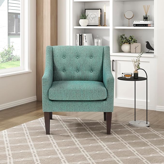Lexicon Living Room Accent Chair Textured Fabric Upholstered Arm Chair with Button Tufted Back Sloped Arms and Wooden Legs Green