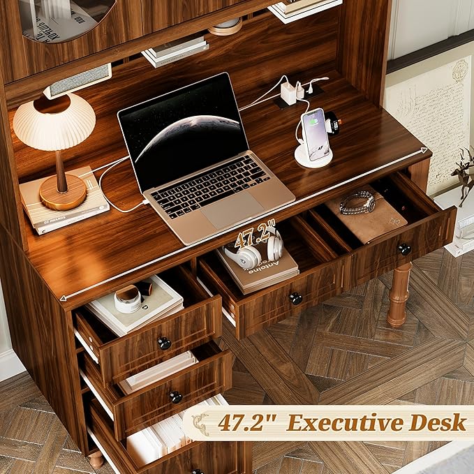 47'' Retro Home Office Desk with Charging Ports and Hutch Cabinet Wooden Executive Computer Desk with 5 Storage Drawers and Transparent Glass-Door Bookshelf for Home Office Bedroom (Walnut-04)