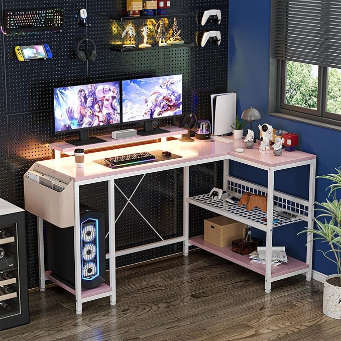 Jojoka L Shaped Computer Desk with Power Outlets &amp LED Light 49.6 Reversible Corner Computer Desk with Storage Shelves &amp Monitor Stand Home Office Desk Gaming Desk Writing Desk (Pink)
