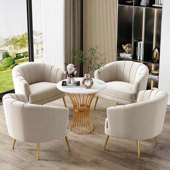 Velvet Accent Chairs for Living Room Bedroom Office Leisure Upholstered Single Sofa Chair Arm Chair Comfy Chair Reading Club Coffee Chair with Metal Legs Beige