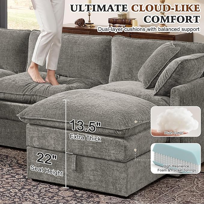 Ihanherry Oversized Sectional Sofa Bed with Storage 103 6-Seater Modular Cloud Couch with Movable Ottomans Chenille Deep Seat Sleeper Couches for Living Room (Grey)