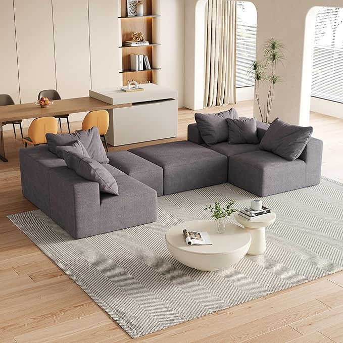 KEIKI 132 Boneless Sofa with Ottoman L Shaped Corner Couch Upholstered Corduroy Free Combination Sectional Couch for Living Room Bedroom Gray