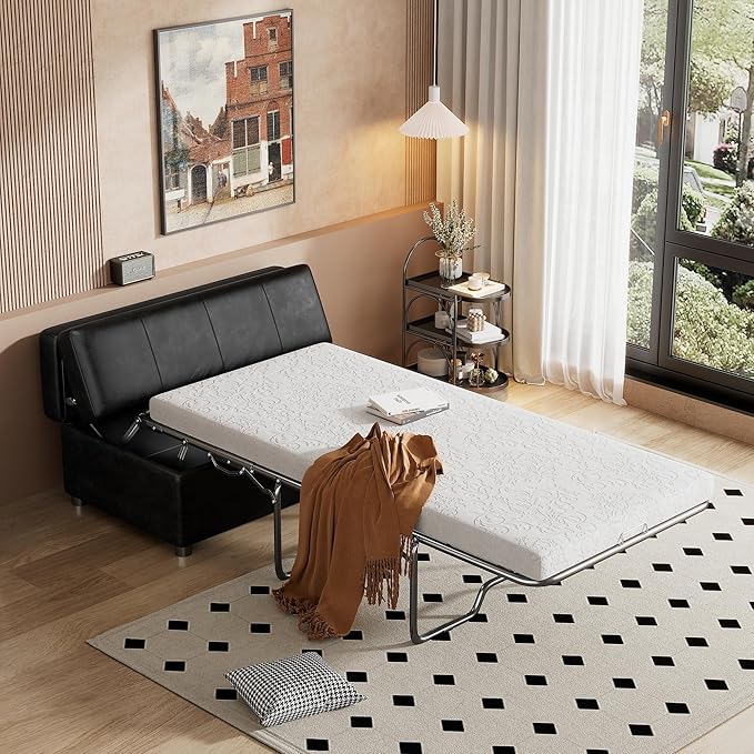 LUMISOL Folding Ottoman Sleeper Chair Bed with Mattress Convertible Fold Out Sleeper Sofa Bed Twin Size Leather Couch and Ottoman Sofa for Living Room Bedroom Guest Room Black