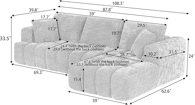 108'' Modular Sectional Cloud Couch L-Shape Boneless Couch for Living Room with Deep Seat Comfy Sleeper Sofa for Living Room Apartment Reception Spaces No Assembly Required Green